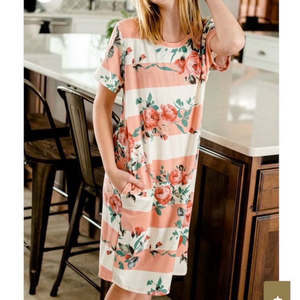 Vanilla Bay Pink Floral White Striped French
Terry Knee Length Dress